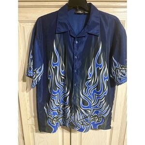 VTG City Impact Shirt Mens XL Blue Hawaiian Tribal Bands Flames Button Up